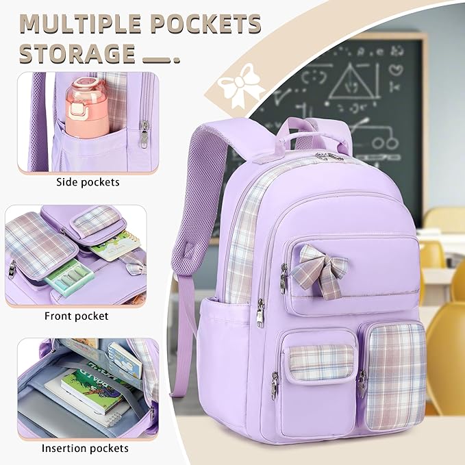 KIDNUO Backpack for Girls,School Backpacks for Teen,Cute College Bags for Women Students Large Bookbag 15.6 Inch Laptop Bag Back Pack Kids Kindergarten Elementary Casual Travel Daypacks Purple
