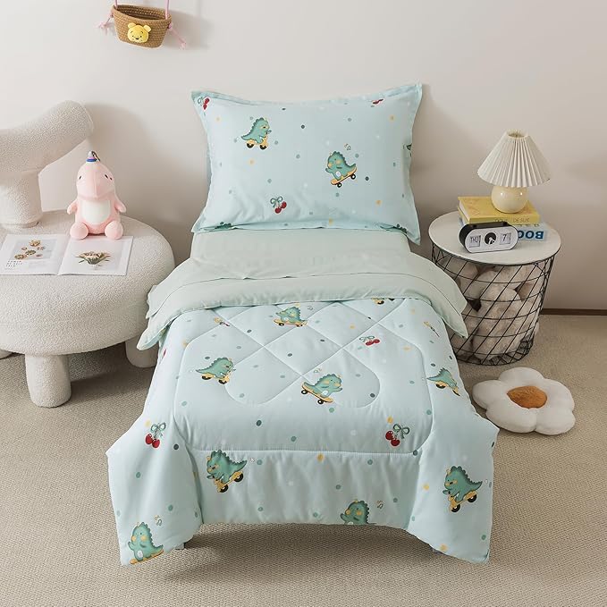 Caressma 4 Pieces Toddler Bedding Set - Brushed Microfiber Reversible Bedding Comforter Sets for Boys or Girls - Includes Cute Dinosaurs Pattern Comforter, Fitted Sheet, Flat Sheet & Pillow Case