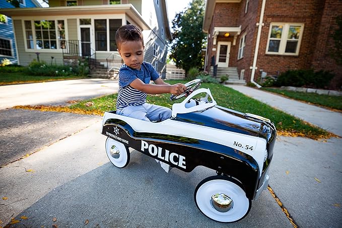 Kid Trax Classic Police Car Toy, Kids Police Car Ride-On, Toddler Pedal Car, Durable Steel, Easy Assembly, Indoor/Outdoor, 60lbs Max, Interactive, Boys/Girls, Black, Steering Wheel, Outdoor Play
