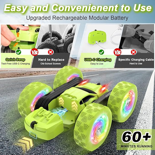 Remote Control Car, Stunt RC Cars, 2.4GHz Double Sided 360° Flips RC Crawler, Outdoor Toys for Kids Ages 4-8, Upgraded USB-C Modular Battery, 5 6 7 8 9 10 +Year Old Boys Birthday Gifts Green