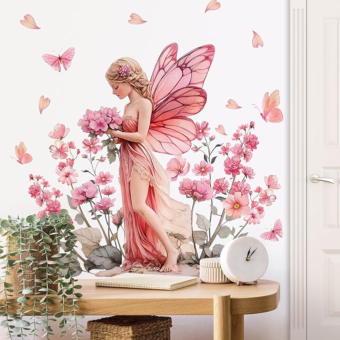 DRWSSR Removable Cartoon Pink Butterfly Elf Girl Decals Fairy Wall Decals DIY Pink Flowers Green Leaf Wall Stickers Peel and Stick for Girls Room Nursery Living Room Bedroom Bathroom Playroom Decor