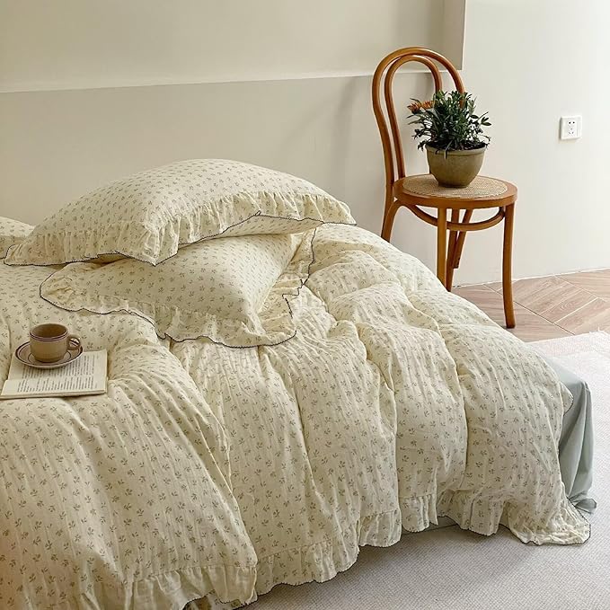 BuLuTu Chic Shabby Vintage Floral Duvet Cover Twin for Kids Girls Boys 100% Cotton Muslin Ruffled Quilt Cover Twin, 68"x86", Sprout Print, Soft Breathable, Zipper Closure, No Pillowcase