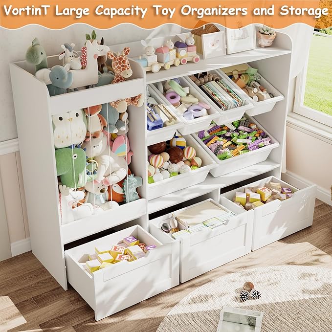 VortinT Kids Stuffed Animal Storage, 50.6" W x 41.3" H Large Toy Organizer Shelf with 6 Plastic Bins, 3 Rolling Drawers, Wooden Toddler Toy Organization Shelves for Play Room, Nursery(White)