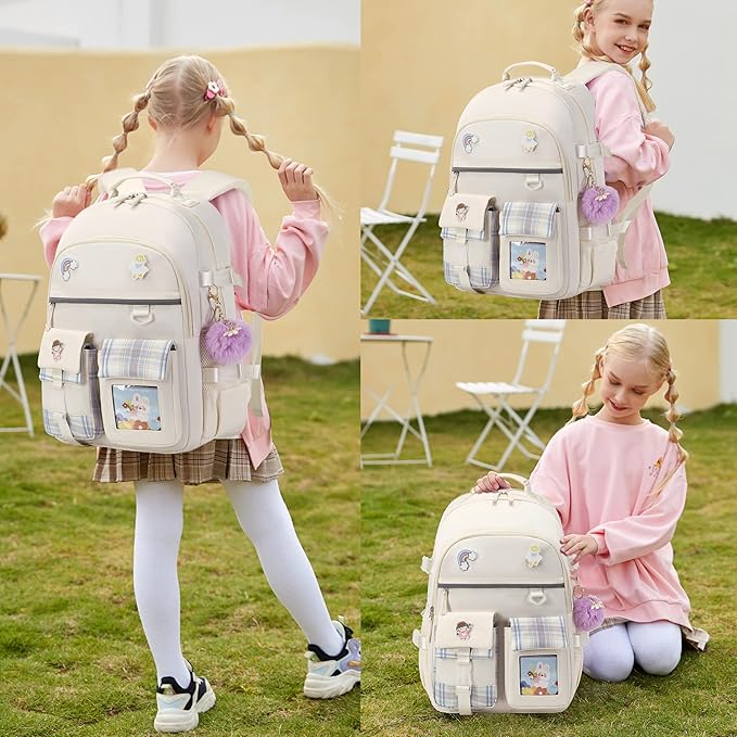 KIDNUO Backpack for Girls, 15.6 Inch Laptop School Bag Kids Kindergarten Elementary College Backpacks Large Bookbags for Teen Girl Women Students Casual Travel Daypacks (Beige)