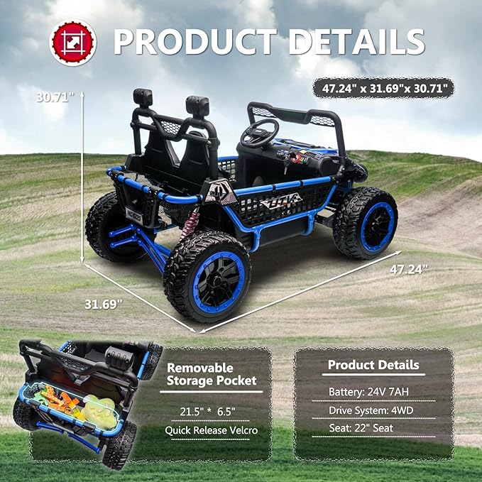 XXL 2 Seater Ride On Toys for Big Kids 24V Ride On Car with Remote Control 4WD Kids UTV with 22" Seat, Bluetooth, Music Player, EVA Rubber Tires, Spring Suspension, Blue
