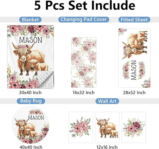 Personalized Baby Bedding Set, 5 Pcs Custom Baby Crib Set with Name, Soft Flannel Highland Cow Crib Bedding Set for Girls, Double Layer Nursery Bedding Set, New Parents Toddlers Infants Gift
