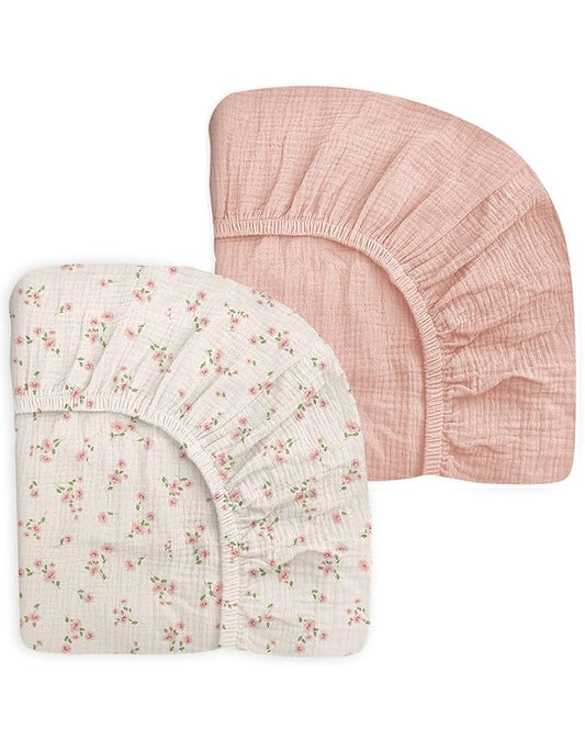 Crib Sheets for Baby Boy Girl 2 Pack, Fitted Crib Mattress Sheet 28" x 52", Muslin Toddler Bedding with Neutral Style, Nursery Bedding Essentials (Rosy)