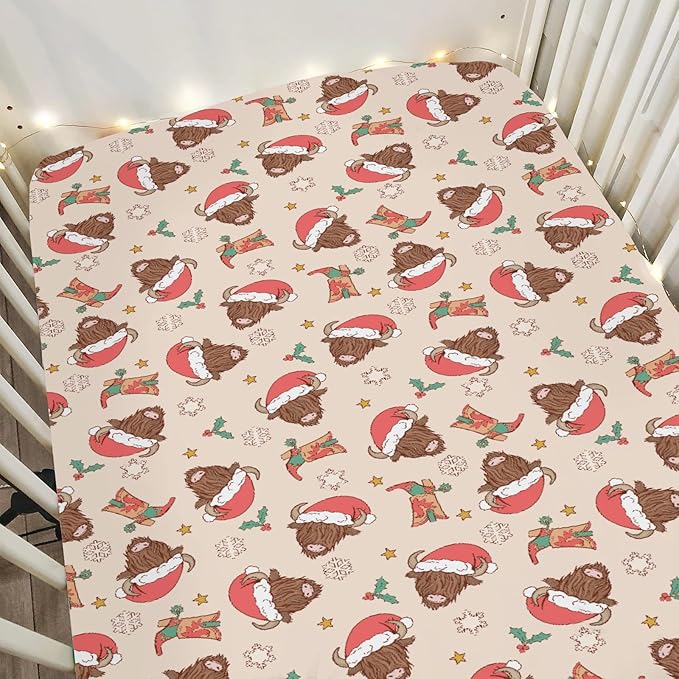 Christmas Highland Cows Baby Crib Sheets for Boy Girl 52x28 Farm Cow Yak Western Boots Snowflakes Soft Fitted Crib Mattress Cover Winter Holiday Baby Sheet for Standard Crib & Toddler Mattress Pad