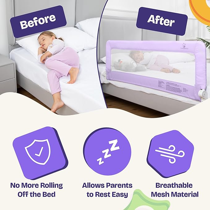 ComfyBumpy 1-Pack Bed Rail for Toddlers 55.5" L x 19.5" H | Toddler Bed Rails for Twin, Full, Queen & King Mattress Size | Swing Down Rail Guard | Mattress Side Rail for Kids | Purple