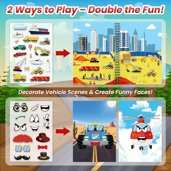 Cars Reusable Sticker Book for Toddlers, DIY Make-a-face Fun Jelly Stickers, Washable Puffy Stickers for Kids Toys, Airplane Road Trip Travel Activities Essentials for Kids 3 4 5 Years