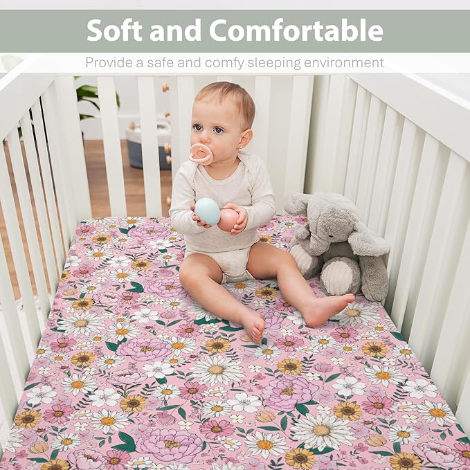 Spring Boho Floral Baby Crib Sheets for Boy Girl 28"x52" Neutral Pink Flowers Leaves Soft Stretchy Fitted Crib Mattress Cover Pastel Peony Daisy Nursery Baby Sheet for Crib & Toddler Bed Mattresses