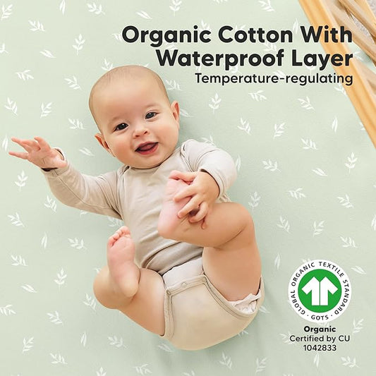 2-Pack Waterproof Crib Sheets for Girl, Boy - Organic Cotton 52X28 Fitted Crib Sheets Neutral, Crib Mattress Protector Sheets, Soft Toddler Bed Sheets,Washable Infant Fitted Baby Crib Sheets (Herb)