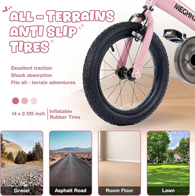 MEGHNA 2 in 1 Toddler Balance Bike 14 inch Wheel Kids Bike Aged 3-7 Years Old with Footrest Detachable Training Wheels Caliper and Coaster Brake Strider Bike for Boys Girls, Easy to Assembly
