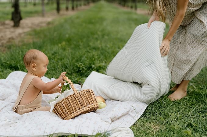 Oilo 100% Organic Premium Cotton Muslin Crib Quilt (45" x 60") Print and Solid Sides, Extra-Soft & Lightweight, Fits Toddler Beds, Heirloom Organic Collection, Sea Moss Sage Green Stripe