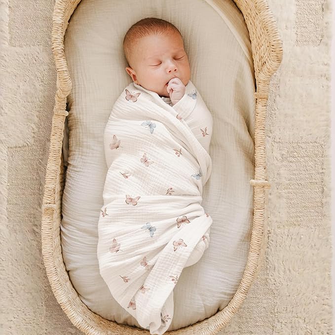 Konssy Muslin Swaddle Blankets for Boys Girls, 2 Pack Receiving Baby Blanket Large 47 x 47 inches, Soft Breathable Swaddling Wrap for Unisex Newborn (Taupe,Butterfly Dreams)