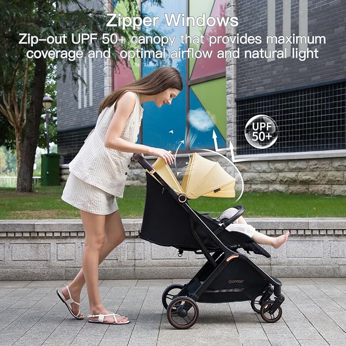 Gravity Folding Baby Stroller - Portable Travel Toddler Stroller w/Adjustable Backrest, Canopy, Footmuff & Cup Holder, Lightweight and UV Protected, One-Hand Automatic Folding - Beige