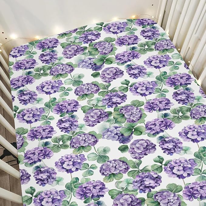 Purple Wildflowers Watercolor Baby Crib Sheets for Boy Girl 28"x52" Retro Hydrangea Floral Leaves Soft Snug Fitted Crib Mattress Cover Spring Garden Baby Sheet for Standard Crib & Toddler Mattress