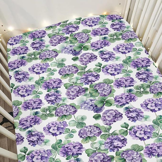 Purple Wildflowers Watercolor Baby Crib Sheets for Boy Girl 28"x52" Retro Hydrangea Floral Leaves Soft Snug Fitted Crib Mattress Cover Spring Garden Baby Sheet for Standard Crib & Toddler Mattress