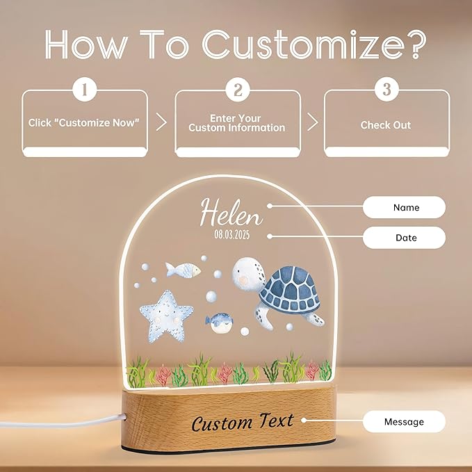 IOUMAM Personalized Baby Gifts for Kids Marine Animal Name Night Light for Boys Girls, Custom LED Acrylic Plaque for Toddler, Christmas Newborn Baby Shower Gifts, Ocean Nursery Room Decor for Children