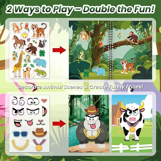 Animals Reusable Sticker Book for Toddlers, DIY Make-a-face Animals Fun Jelly Stickers, Washable Puffy Stickers for Kids Toys, Airplane Road Trip Travel Activities Essentials for Kids 3 4 5 Years