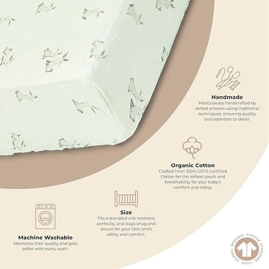 Crane Baby 100% Organic Cotton Gender Neutral Animal Nursery Bedding, Fitted Sheet, Soft Breathable GOTS Certified Cotton, Bunny Crib Sheet
