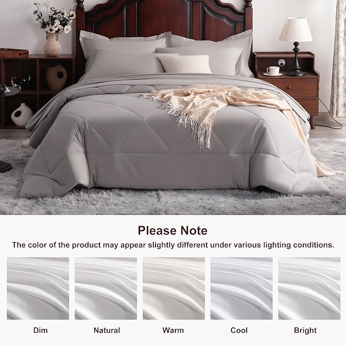 NTBAY Queen Comforter Set with Sheets, 7 Pieces Soft and Breathable Queen Bedding Set, Bed in a Bag, Down Alternative Comforter Set Solid Color All Season, Queen Bedding Set, Smoke Grey
