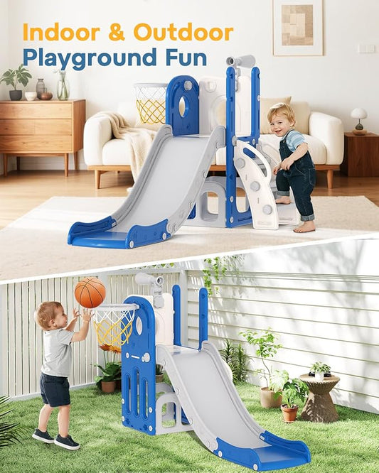 Babytronic Toddler Slide, 6 in 1 Kids Indoor Slide for Toddlers 1-3, Baby Indoor and Outdoor Climber Playset, Kids Slide with Basketball Hoop and Telescope, Toddler Outdoor Playground (Blue&Gray)