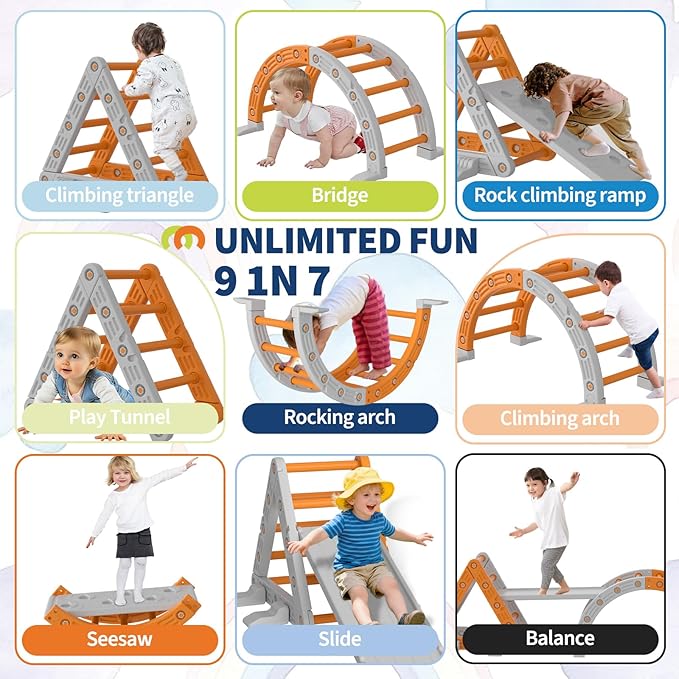 9-in-1 Pikler Triangle Set, HDPE PP Plastic Montessori Climbing Set, Durable 1-8 Toddler Climbing Toys Indoor with Arch, Ramp, Ladder & Slide, Indoor Playground Jungle Gym Playset for Toddlers, Orange