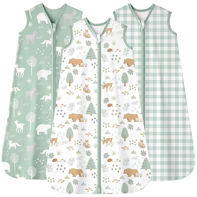 Baby Sleep Sack 18-24 months, 100% Cotton Sleeping Sack for Toddler, 3 Pack Baby Wearable Blanket, 0.5 Tog Lightweight Double Zipper Sleep Bag XLarge Green Forest Bear
