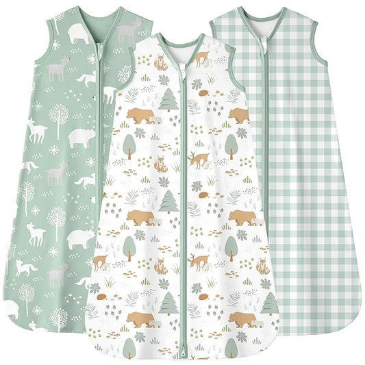 Baby Sleep Sack 18-24 months, 100% Cotton Sleeping Sack for Toddler, 3 Pack Baby Wearable Blanket, 0.5 Tog Lightweight Double Zipper Sleep Bag XLarge Green Forest Bear