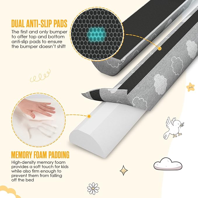 Sleepah Bed Bumpers for Toddlers Memory Foam Rail Guards Waterproof Washable Dual Sided Non-Slip Soft Cover - Safety Guard Noodle Long Pillow Pads for King Queen Full Twin Beds (1 Pack)