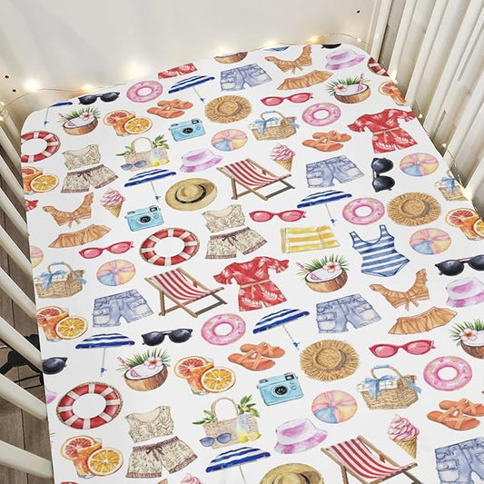 Watercolor Girl Beach Days Baby Crib Sheets for Boy Girl 52x28Inch Summer Seaside Soft Stretchy Fitted Crib Mattress Cover Beach Vacation Holiday Baby Sheet for Standard Crib & Toddler Mattress Pad