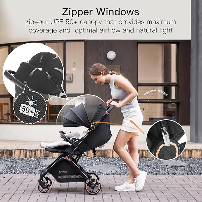 Gravity Folding Baby Stroller - Portable Travel Toddler Stroller w/Adjustable Backrest, Canopy & Cup Holder, Lightweight and UV Protected, One-Hand Automatic Folding - Black