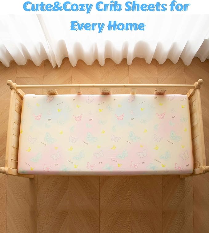 Jersey Butterfly Crib Sheets for Baby Girls,52”x28”x8, 2 Pack,Pink Cute Kawaii Standard Oval/Retangle Fitted Crib Sheets for Toddler,Super Soft Breathable