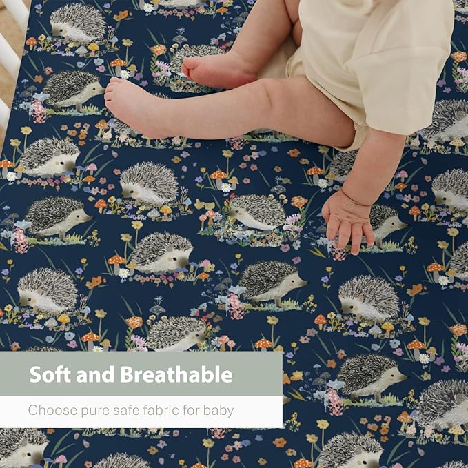 Happy Hedgehogs Mushroom Floral Baby Crib Sheets for Boy Girl 28"x52" Cartoon Hedgehog Soft Snug Fitted Crib Mattress Cover Summer Animal Baby Sheet for Standard Crib & Toddler Bed Mattress