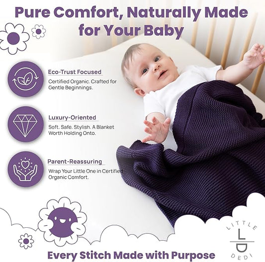 100% Organic Cotton Baby Knitted Blanket with Gift Box - Soft Toddler, Crib, Stroller Blanket - Neutral Swaddle and Receiving Blanket for Newborns, 30"x40", Sweet Grape