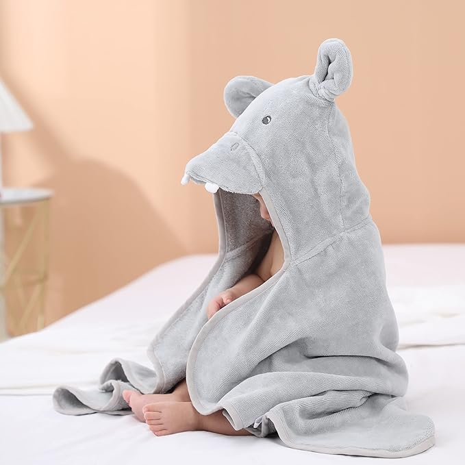Baby Hooded Towel with Unique Animal Design Ultra Soft Thick Cotton Bath Towel for Newborn (Hippo)