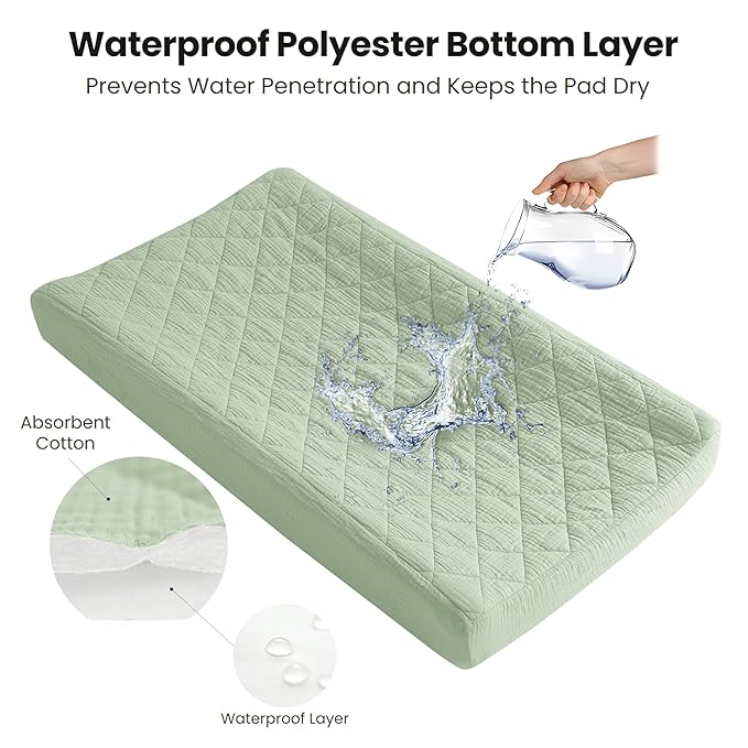Konssy Waterproof Muslin Changing Pad Cover 2 Pack, Quilted Cotton Fitted Diaper Changing Table Cover, Soft Changing Pad Sheets for Girls Boys (Woodland, Sage)