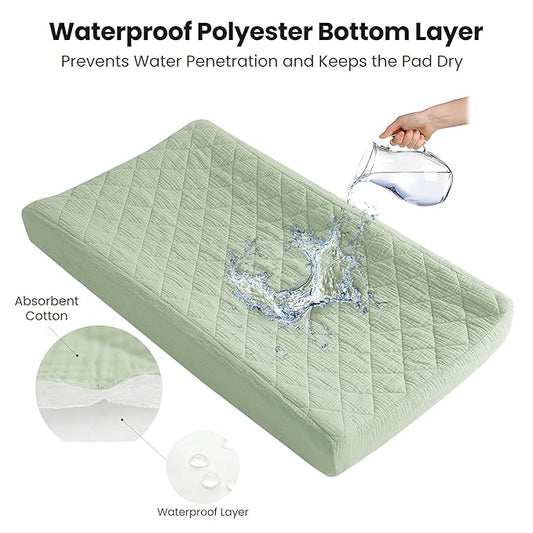 Konssy Waterproof Muslin Changing Pad Cover 2 Pack, Quilted Cotton Fitted Diaper Changing Table Cover, Soft Changing Pad Sheets for Girls Boys (Woodland, Sage)