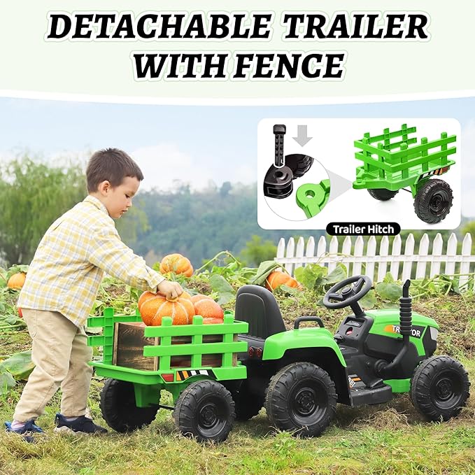 TOBBI Kids Electric Toy Tractor, 12V Battery-Powered Toddlers Ride On Car to Drive, Motorized Trailer Vehicle with 35W Dual Motor/6-Wheels/3-Speeds/LED & Horn Functions for Chirdren Aged 3-6-Green