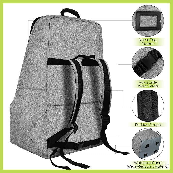 ZRRAJOY Padded Car Seat Travel Bag for Airplane, Heavy Duty Backpack for Air Travel, Water-Resistant Carrier with Shoulder Strap, Fits Most Car Seats (Grey)