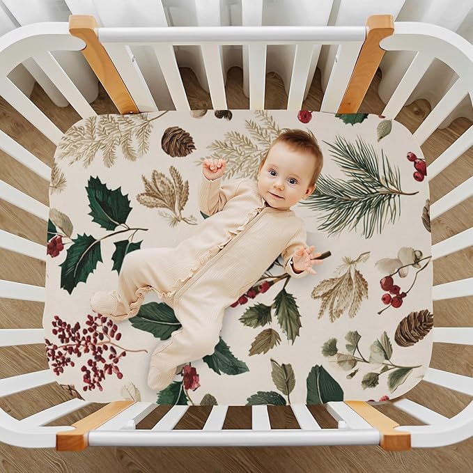 Beige Holly Leaves Pine Needles Pinecones Crib Sheets Standard Crib Toddler Mattresses Cover Fitted Baby Bed Sheet Breathable Crib Mattress Sheet for Girls Boys 39''x27''x9''