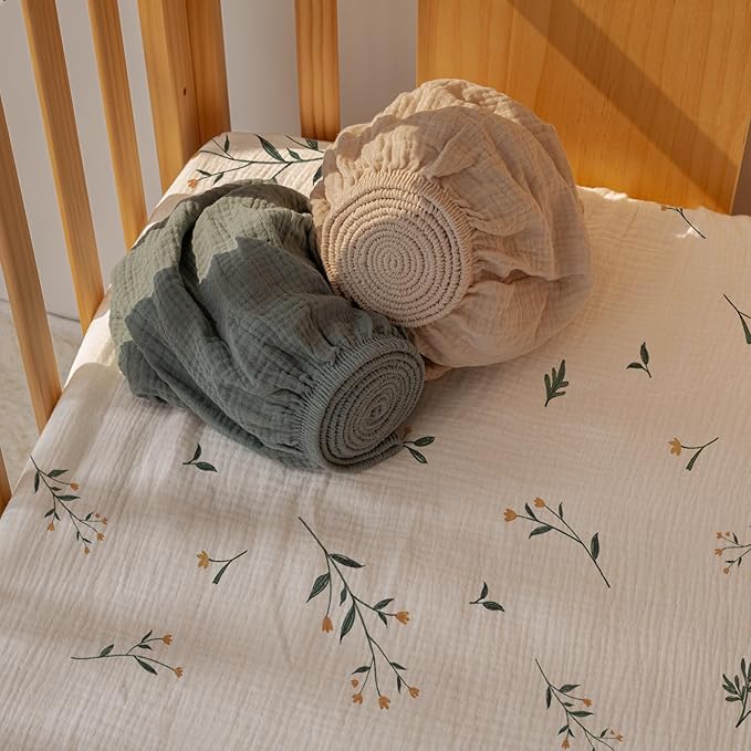 Gllquen Baby Muslin Mini Crib Sheets 3 Pack, Breathable Pack and Play Sheets Fitted 38"x26" Soft Cozy Cotton Pack N Play Sheets for Baby Boy Girls, Universal Fitted Mini Crib Mattresses (Green)