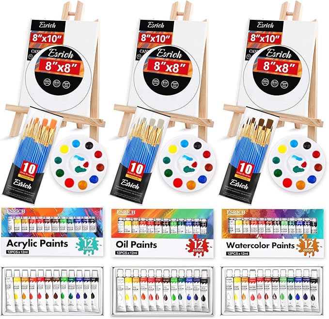 ESRICH 78Pack Acrylic Paint Set, Painting Kits for Adults, Paints Kit With3 Pack of 12 Colors Paint 3 Sets of Wooden Easels, Canvas, Brushes, Palette, Art Paint Supplies Kit for Adults Beginner