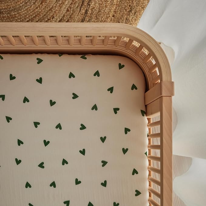 Crib Sheets – Organic Cotton Muslin Fitted Crib Sheet – Standard Size for Baby Boy and Baby Girl 28" x 52" Ultra-Soft and Breathable. (Green Hearts)