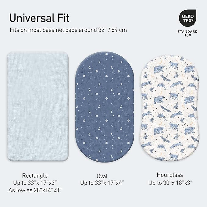 Gllquen Baby Muslin Bassinet Sheets 3 Pack, Breathable Elastic Cozy Fitted Cotton Bassinet Mattress Sheet for Baby Boy Girls, Fit for Hourglass Oval Rectangular Cradle Pad Sheets 33"x17" (Star)