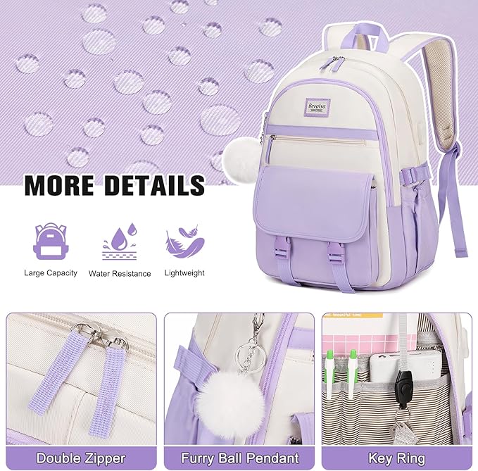 Bevalsa Backpack for Girls, School Backpacks for Girls, Kids Backpack with Lunch Box & Pencil Pouch for Teens Girl Kids Elementary Middle High School College Student Bookbag Daypack (Purple Beige)