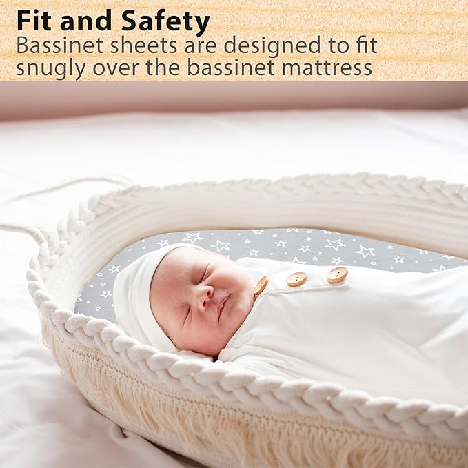 Bassinet Sheets Boy and Girl– 3-Pack Soft Fitted Bassinet Sheets, Organic Cotton, Breathable & Cozy, Fits 32x16x4 Inch Rectangle, Oval & Hourglass Mattresses (Grey)