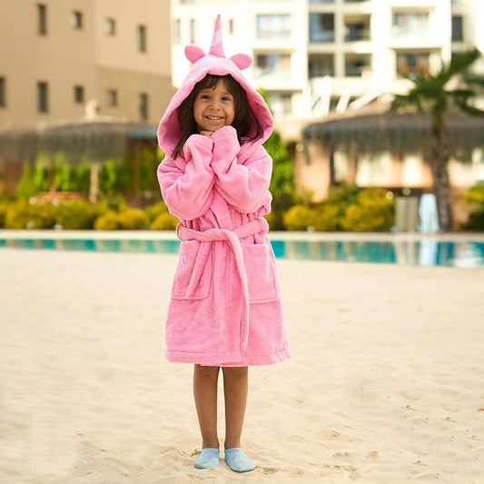 BAGNO MILANO Kids Organic Turkish Cotton Hooded Beach Cover-Up Towel, GOTS Certified, for Boys and Girls (Pink Unicorn, 5-6 Years)
