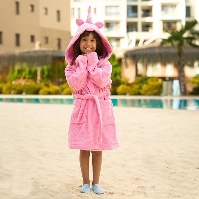 BAGNO MILANO Kids Organic Turkish Cotton Hooded Beach Cover-Up Towel, GOTS Certified, for Boys and Girls (Pink Unicorn, 3-4 Years)